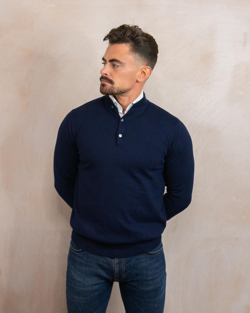 Cotton Cashmere Knitted Henley Navy